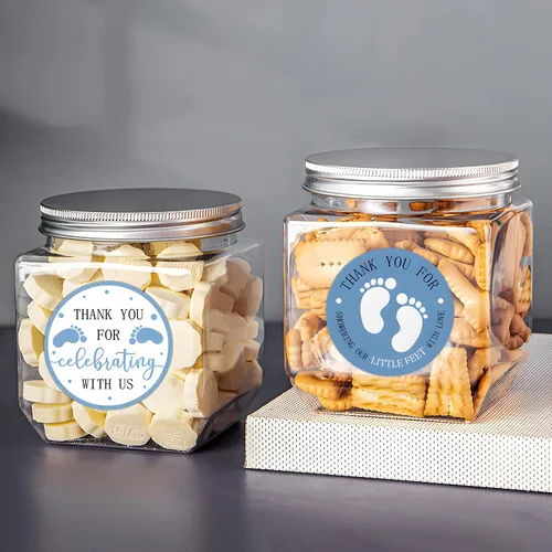 Miniatura 2 de Calcomanías de recuerdo de baby shower, 240 unidades para niño, tema de pies azules de 2 pulgadas, huella, agradecimiento por celebrar con nosotros