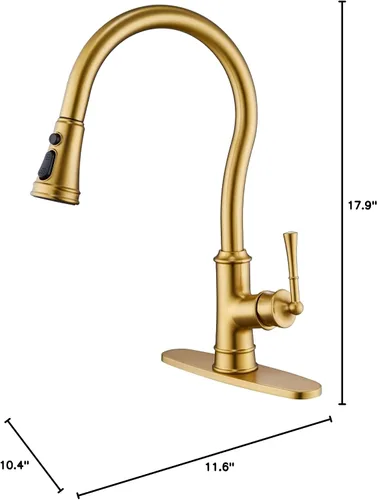 Miniatura 8 de Grifo de cocina con rociador extraíble, grifo de fregadero de cocina de latón vintage dorado de arco alto con placa de cubierta de 1 o 3 agujeros