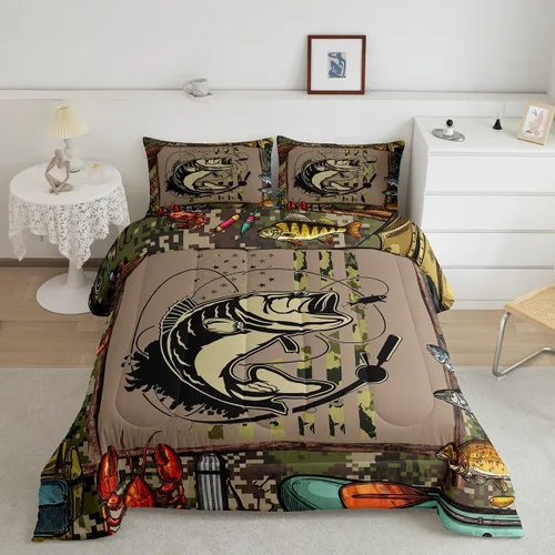 Miniatura 11 de Erosebridal Juego de ropa de cama de pesca tamaño individual, juego de edredón de peces coloridos para niños, adolescentes, hombres, pescadores