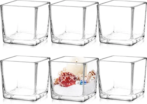 Juego de 6 jarrones cuadrados de vidrio de 3" x 3" x 3", jarrones de flores transparentes para centros de mesa, portavelas para eventos de fiestas