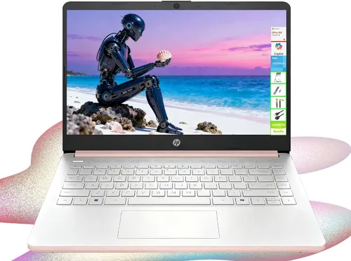 HP Laptop HD de 14 pulgadas, CPU Intel de doble núcleo, 8 GB de RAM, 64 GB eMMC, ligera y batería de 12 horas, diseño elegante con múltiples Oro