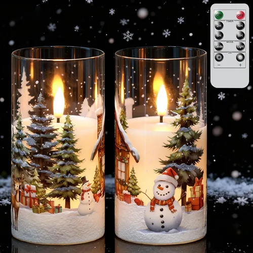 Miniatura 10 de Velas de Navidad sin llama con calcomanías de reno plateado, paquete de 3 velas LED de vidrio a pilas con temporizador remoto, velas de pilar