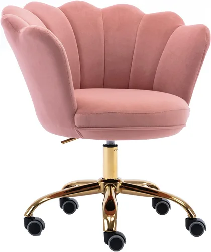 Miniatura 13 de Silla de trabajo cómoda para oficina en casa con ruedas, bonita y moderna tapizada de terciopelo con respaldo de concha, silla de escritorio de Rojo
