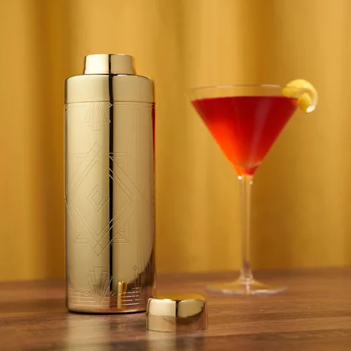 Miniatura 5 de Viski Art Deco - Coctelera de acero inoxidable grabada de 24 onzas con colador y acabado dorado