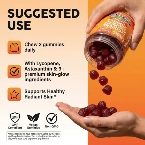 Miniatura 6 de Gomas bronceadoras de licopeno y betacaroteno sin sol, con astaxantina, vitamina C, D, E, semilla de lino, selenio, amla, tirosina, PABA, pimienta
