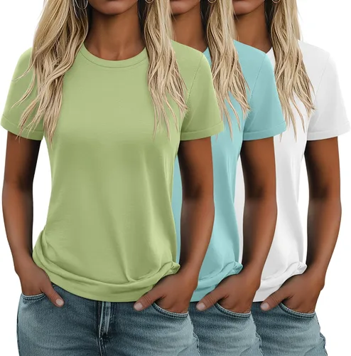 Miniatura 9 de Huukeay Paquete de 3 camisetas de algodón para mujer, estilo casual, de manga corta, cuello redondo, ajuste holgado, básica, lisa