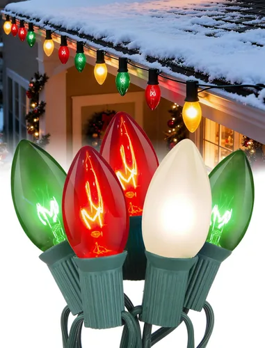 Miniatura 13 de Luces de Navidad C9 rojas y blancas de 25 pies, cadena de luces de Navidad C9 impermeables con 26 bombillas rojas y blancas, luces de Navidad Luz