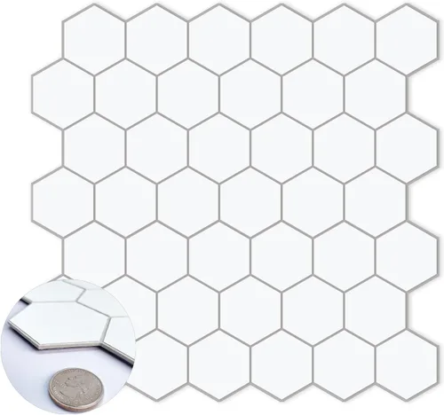 Protector contra salpicaduras de 10 hojas hexagonales para despegar y pegar, 11.42" x 11.42" mosaico de mármol autoadhesivo de panal blanco,