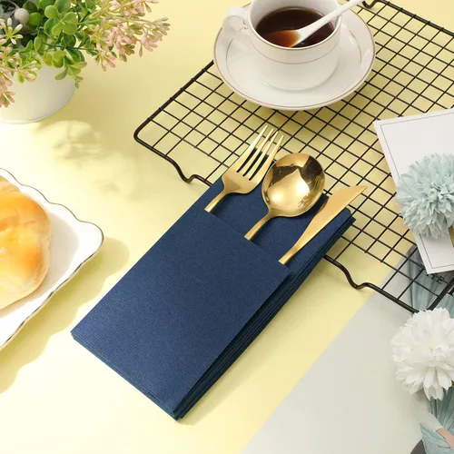 Miniatura 3 de Cindeer 150 piezas de servilletas de cena azul marino con sensación de lino, bolsillo plano incorporado, preplegadas, servilletas de papel 2-Azul