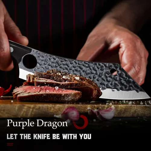 Miniatura 7 de Cuchillo de cocina Purple Dragon de 8 pulgadas, cuchillo de carnicero japonés ultra afilado para cortar carne y vegetales con orificio para el dedo