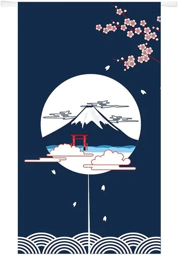 Ofat Home Cortina Japonesa Noren para Entrada Tapiz para Colgar en la Pared, Pintura de Fuji y Flores de Cerezo, Decoración de Puerta para