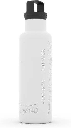 Miniatura 3 de Well Told Botella de agua aislada con mapa de Chicago Illinois, botella de acero inoxidable grabada (21 onzas, blanco) botella aislada de mapa