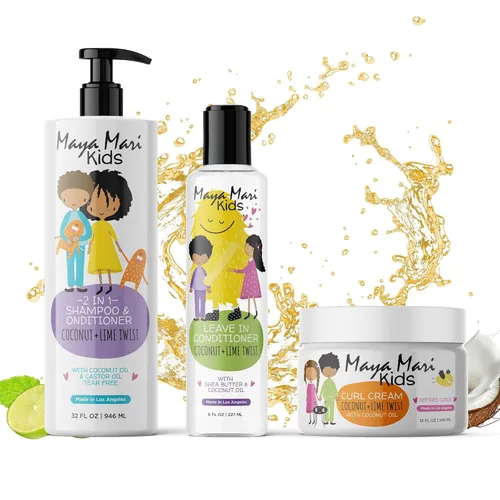 Set de Regalo para Cabello Rizado de Niños | Champú y Acondicionador 2 en 1 para Niños, Crema para Rizos y Acondicionador sin Enjuague | Manteca de