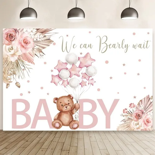 Miniatura 8 de AIBIIN Telón de fondo azul de 7 x 5 pies para baby shower, con texto en inglés "We Can Bearly Wait", fondo de fotografía, bohemio, floral, baby