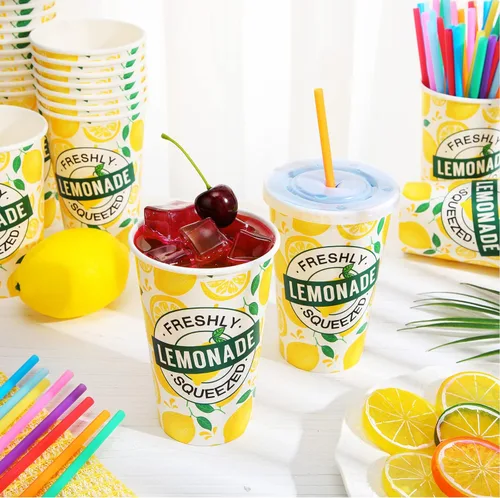 Miniatura 2 de Meanplan 300 piezas/100 juegos de vasos de limonada con tapas y pajitas, vasos desechables para fiestas, tazas de papel de limón, suministros