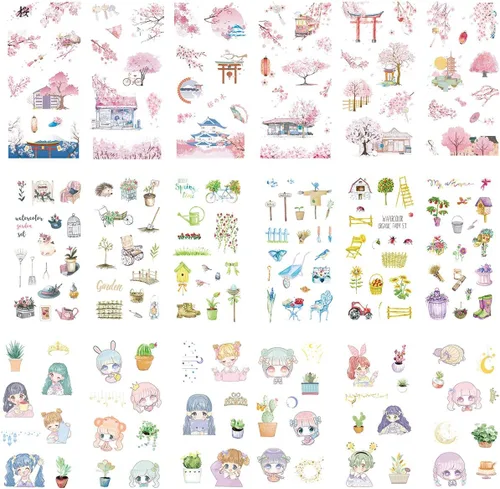 Juego de calcomanías kawaii con diseño de flor de cerezo rosa, herramienta de jardinería para el hogar, lindas flores, plantas suculentas, cactus,