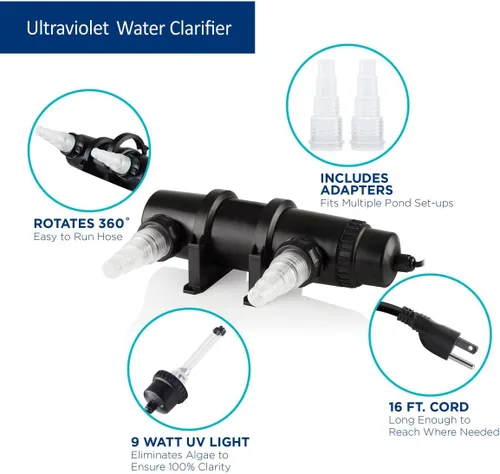Miniatura 8 de Alpine Corporation Clarificador UV de 9 vatios de 4 pulgadas de alto diseñado para uso fuera del agua Negro