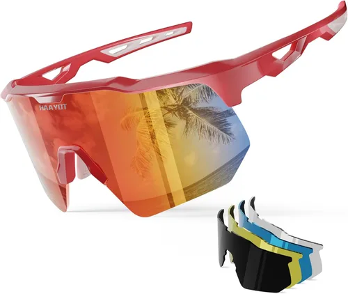 HAAYOT Gafas de sol deportivas polarizadas para hombres y mujeres, jóvenes, béisbol, ciclismo, correr, softbol, ciclismo, 5 lentes Naranja bermellón