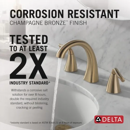 Miniatura 2 de Delta Arvo - Grifo de 3 agujeros de oro cepillado, grifo de lavabo de baño de 8 pulgadas de gran extensión para tocador, conjunto de desagüe Bronce