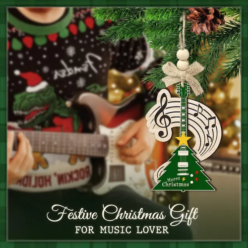 Miniatura 4 de Adorno navideño de guitarra eléctrica para árbol, adorno musical de madera de 2 capas con notas y clave de agudos, regalo único para músico