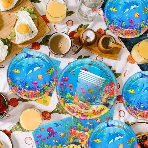 Miniatura 6 de 120 piezas Decoraciones de fiesta bajo el mar, juego de platos y servilletas para cumpleaños en tema de océano, juego de vajilla temática