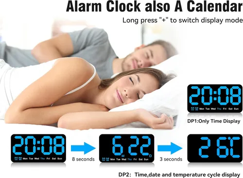 Miniatura 4 de Reloj de pared digital grande de 9.5 pulgadas con pantalla LED, DST automático, alarma dual con repetición, brillo ajustable, visualización