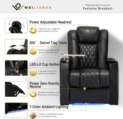Miniatura 4 de Weilianda Asientos de Cine en Casa de Cuero de Grano Superior Silla Reclinable con Reposacabezas Eléctrico y Reclinación Asientos de Película Sofá