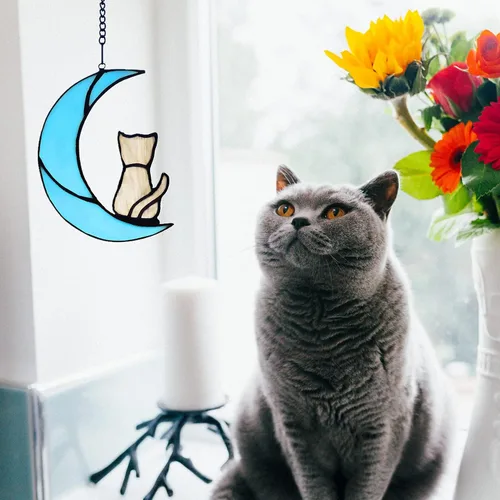 Miniatura 2 de Decoración de gato atigrado gris en luna azul para colgar en la ventana, regalo conmemorativo para los amantes de los gatos, adorno para mascotas