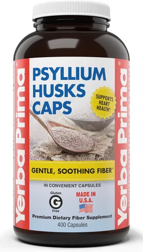 Yerba Prima Cápsulas de cáscara de psyllium, 625 mg, 400 cápsulas, fibra natural para hombres y mujeres, suplemento de apoyo a la regularidad