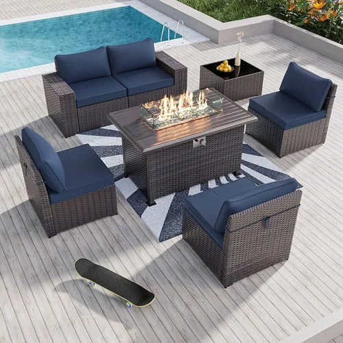 Miniatura 43 de Kullavik Juego de 13 muebles de patio al aire libre con mesa de fogata de gas propano de 43 pulgadas, 55000 BTU, mimbre de polietileno, sofá Arena