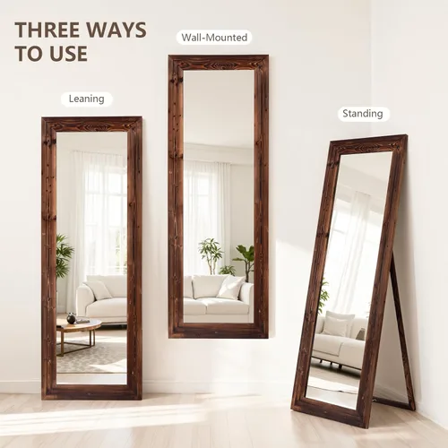 Miniatura 6 de Yumyolk Espejo de pie de longitud completa de 65 x 22 pulgadas, espejo de madera con soporte largo inclinado para sala de estar y dormitorio