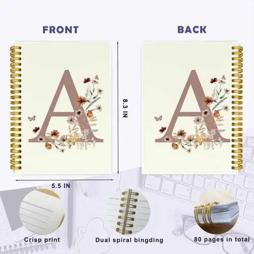 Miniatura 5 de Cuadernos de diario personalizados con letra inicial floral A, cuadernos vintage femeninos de tapa dura en espiral para la escuela, regalos