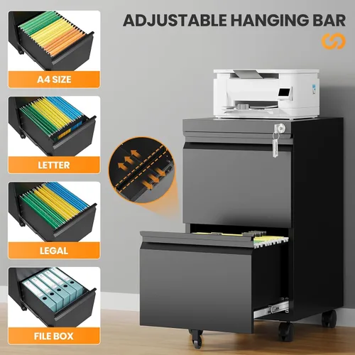 Miniatura 5 de Gabinete archivador de 2 cajones, gabinetes archivadores móviles totalmente montados con cerradura, gabinete archivador de metal rodante con ruedas