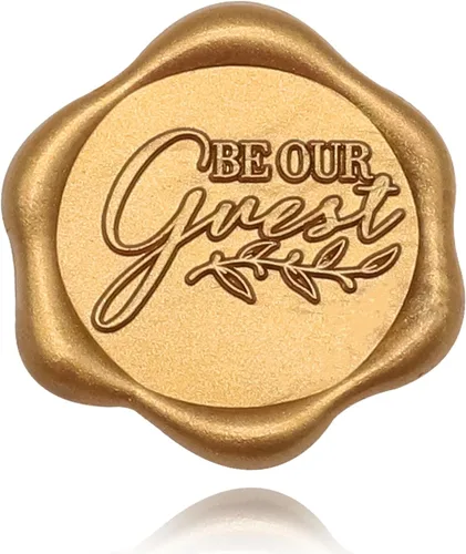 Miniatura 2 de SWANGSA 50 calcomanías de sello de cera con texto en inglés "Be Our Gues", color dorado antiguo, autoadhesivas, para invitaciones de boda, sobres