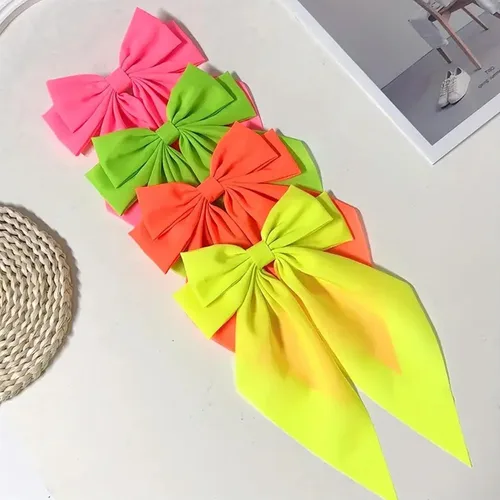 Miniatura 3 de Lazos de neón, 4 lazos grandes de neón para el cabello con colas largas, lazo fluorescente verde lima amarillo verde rosa para niñas, accesorios