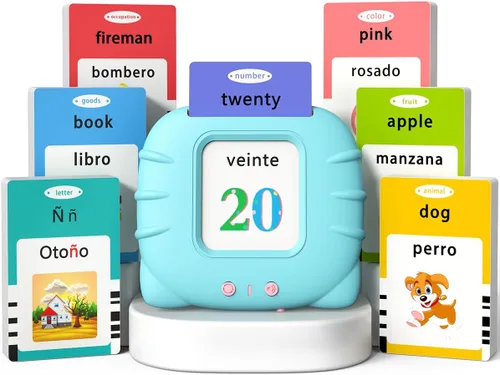 Miniatura 10 de Kidzdo Juguetes audibles bilingües en español e inglés con música, tarjetas flash parlantes bilingües para niños pequeños/principiantes, ABC, Rosa