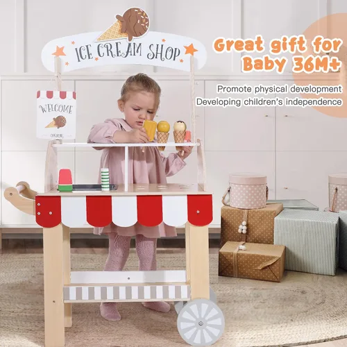 Miniatura 7 de Labebe Carrito de Helados de Madera para Niños, Camión de Helados para Niños Pequeños con Tirador, Juego de Simulación con Pizarra, Campanilla