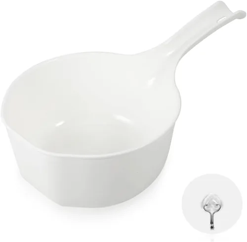 Cuchara de agua de plástico para baño, cuchara de ducha de 1.5 litros con gancho adhesivo, taza de baño de agua para baño, cuchara de baño para niños