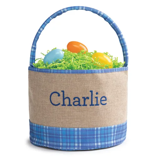 Bolsa de cubo de Pascua personalizada con nombre personalizado | Bolsa de Pascua de arpillera a cuadros azules con asa | Cesta de huevos para niños