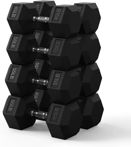 Miniatura 14 de PAPABABE Juego de mancuernas hexagonales de 45 a 550 libras, mancuernas de gimnasio en casa con revestimiento de goma, mancuernas para mujeres