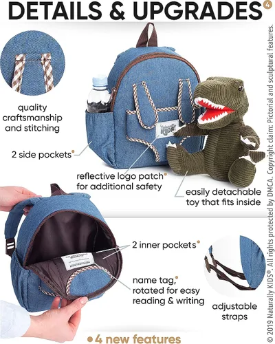 Miniatura 4 de Naturally KIDS Mochila para niños y niñas con animales de peluche regalos para niños de 3 4 5 6 7 años 02 Pequeño Verde T Rex Viajar