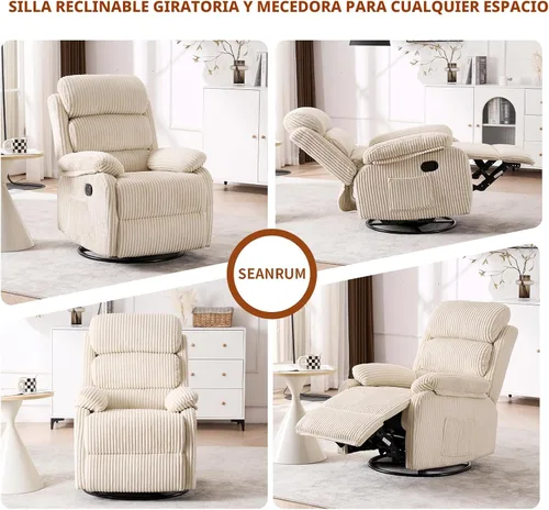 Miniatura 7 de Silla mecedora reclinable de 360° para adultos, silla reclinable para cuarto de bebé con bolsillo lateral, un cómodo sillón de sofá individual Gris