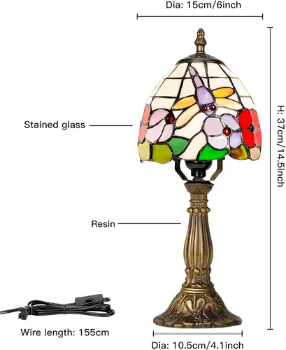 Miniatura 9 de Lámpara de mesa pequeña estilo Tiffany, lámpara de vidrio teñido antiguo de 5 pulgadas, lámpara de mesa de noche para escritorio, para dormitorio