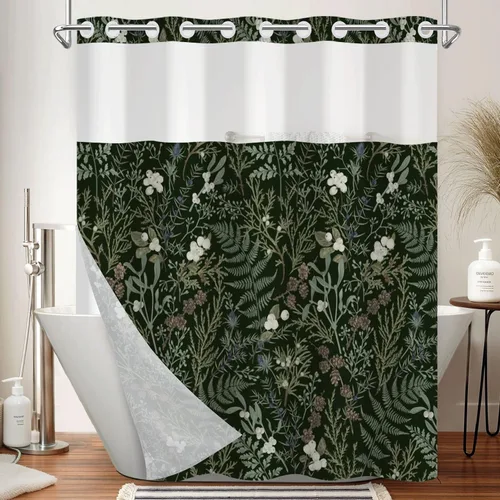 Miniatura 25 de No Hook Geometric Shower Curtain with Snap in Liner - 71″W x 74″L Waterproof Fabric with Mesh Top Window, Modern Abstract Triangle Design Bath