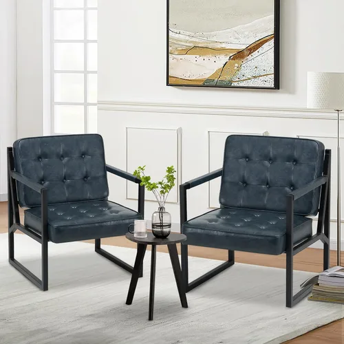 Miniatura 7 de COLAMY Silla decorativa moderna, sillón con brazo decorativo para sala de estar, cómodo sillón de cuero con patas de metal para dormitorio, Azul