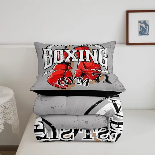 Miniatura 5 de Juego de edredón de boxeo, juego de ropa de cama con temática deportiva de gimnasio para niños, adultos, hombres, patrón de guantes de boxeo rojos