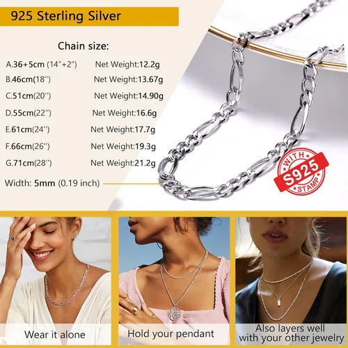 Miniatura 6 de PROSTEEL 925 Sterling Silver Cuban Link Chain Necklace, Dainty Figaro Chains, Solid & Shiny, 3mm5mm, 14-28 inch, Come Gift Box