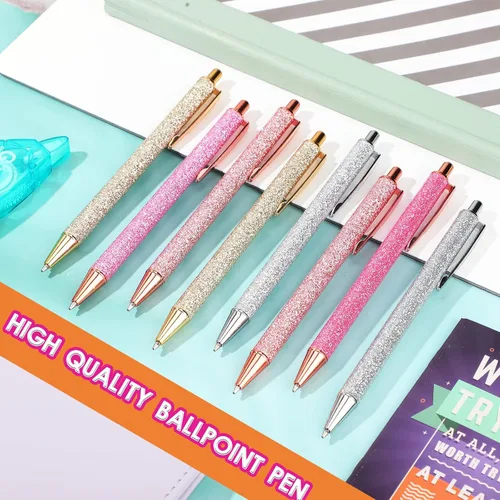 Miniatura 3 de Leinuosen - 20 bolígrafos con purpurina, cómodos bolígrafos de metal retráctiles de tinta negra con punta media para suministros de oficina Plateado