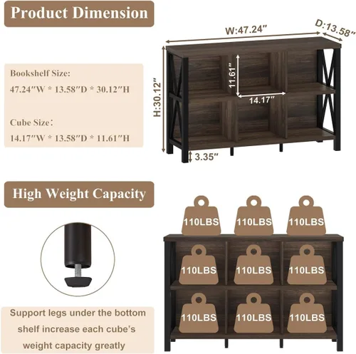 Miniatura 2 de FATORRI Organizador de almacenamiento de 6 cubos con estante, estantería horizontal corta para sala de estar, estantería de madera y metal, estante