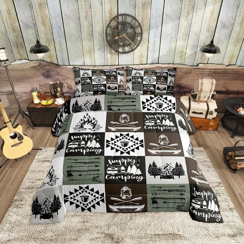 Miniatura 7 de Happy Camping - Juego de edredón de 3 piezas, tamaño Queen, retro, azul, rojo, blanco, rayas de madera, para niños, adolescentes, adultos, Multi 19